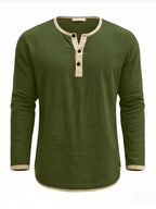Men's Retro Color-Block Cotton And Linen Blend Button-Up Henley Long Sleeve Polo Shirt, 2pcs. Breathable & Relaxed Fit. Casual Outdoor, Work & Party Wear. Versatile Spring/Fall/Autumn Layering Essential - Dark Gray + Military Green