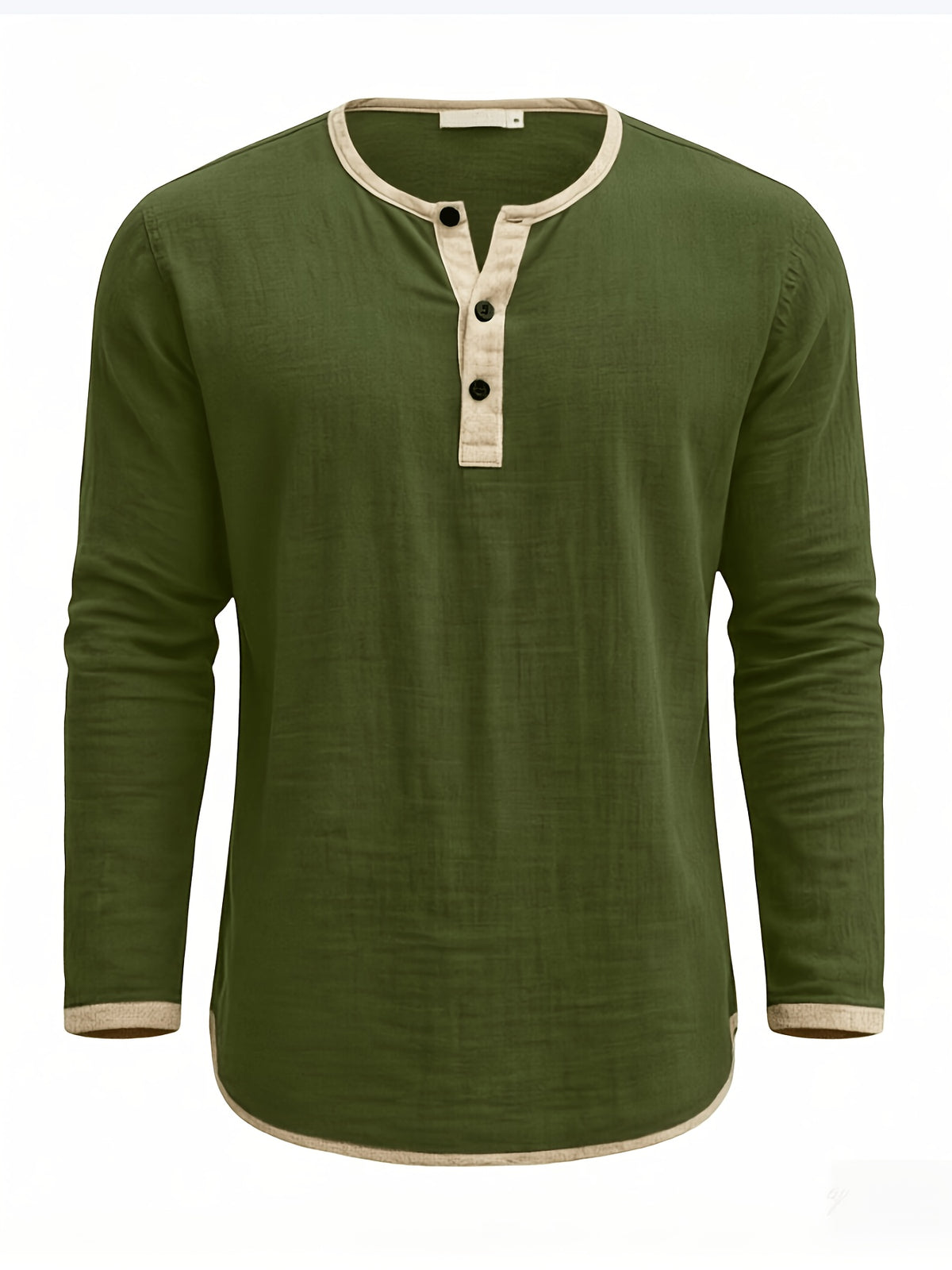 Men's Retro Color-Block Cotton And Linen Blend Button-Up Henley Long Sleeve Polo Shirt, 2pcs. Breathable & Relaxed Fit. Casual Outdoor, Work & Party Wear. Versatile Spring/Fall/Autumn Layering Essential - Dark Gray + Military Green