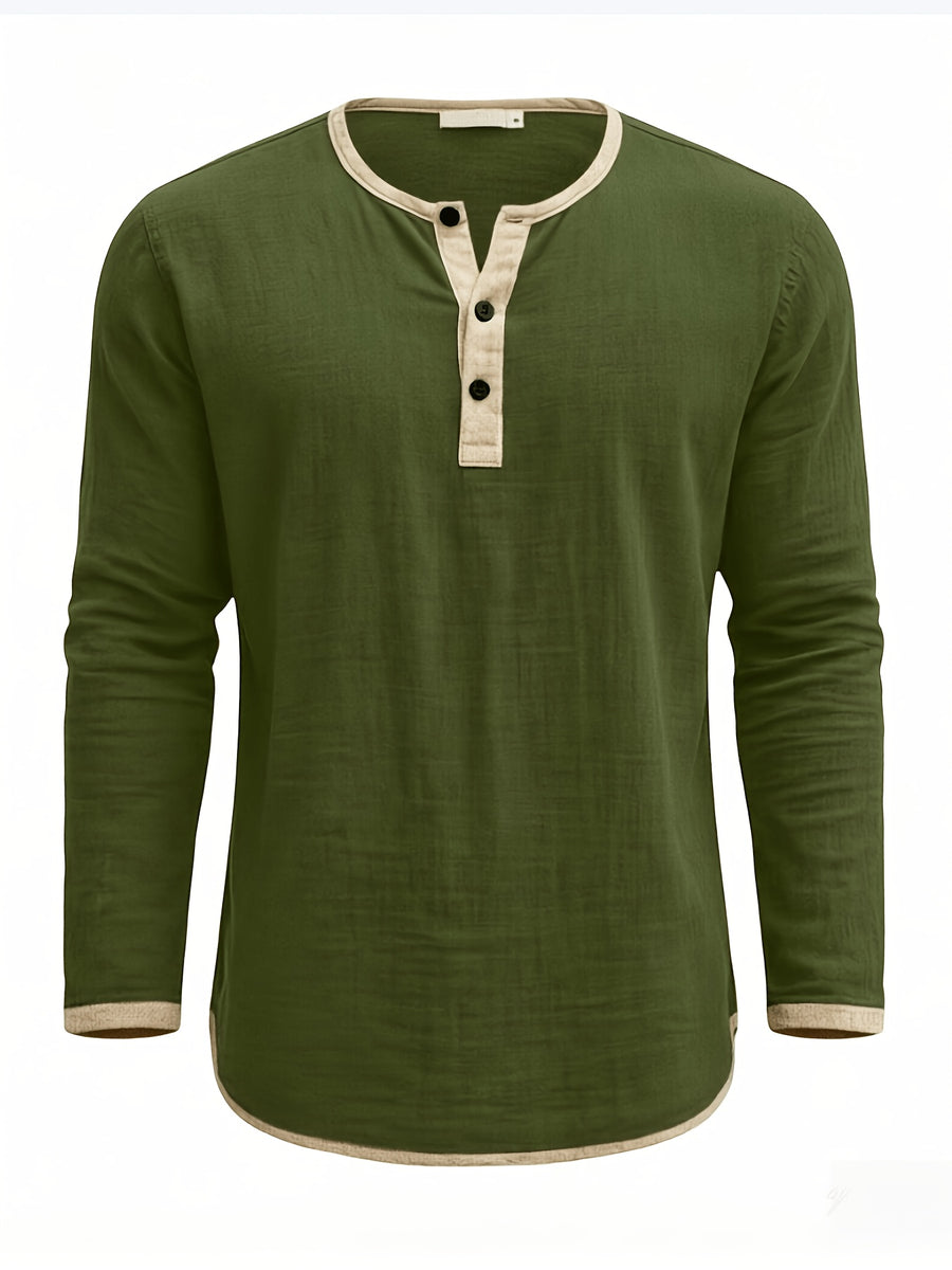 Men's Retro Color-Block Cotton And Linen Blend Button-Up Henley Long Sleeve Polo Shirt, 2pcs. Breathable & Relaxed Fit. Casual Outdoor, Work & Party Wear. Versatile Spring/Fall/Autumn Layering Essential - Dark Gray + Military Green