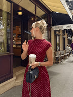 New Women's Polka Dot Maxi Dress, Waist-Cinching Style, Elegant French-Style Dress - Burgundy