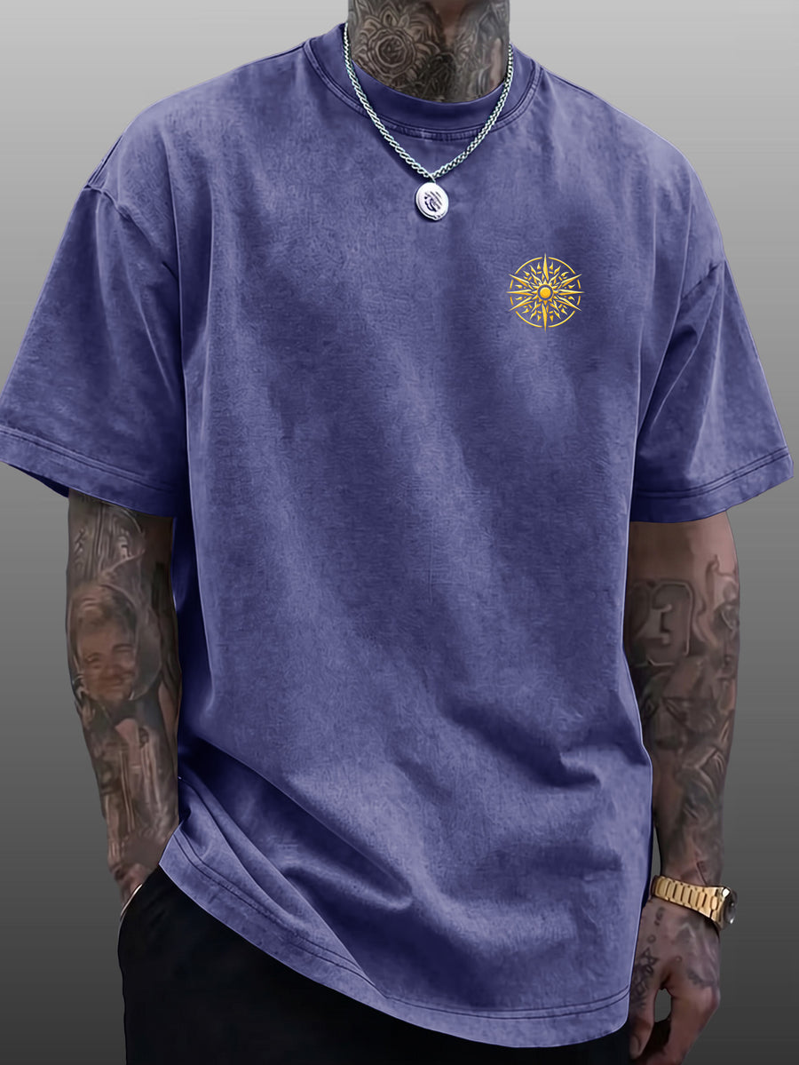 Men's Short-Sleeve T-Shirt, Pure Cotton Loose Fit Washed Distressed Top, Golden Compass Sun Pattern Trendy Reversible Double-Sided Print, Multiple Colors for Mix & Match, American Streetwear High Street Hip-Hop Style, for Daily Outings - Royal Blue