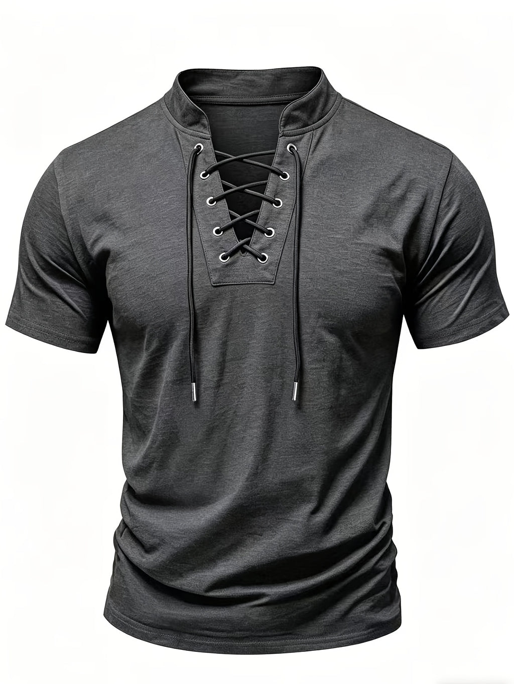 Summer Latest Men'S Individual Design Stand-Up Collar T-Shirt, Fashionable Western Style Trendy High Street Short Sleeve - Dark Gray
