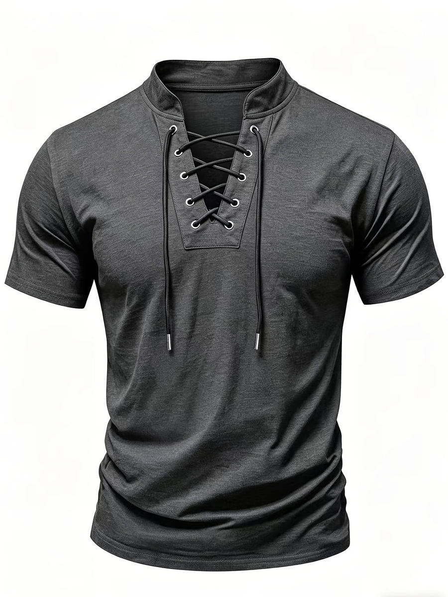 Summer Latest Men'S Individual Design Stand-Up Collar T-Shirt, Fashionable Western Style Trendy High Street Short Sleeve - Dark Gray