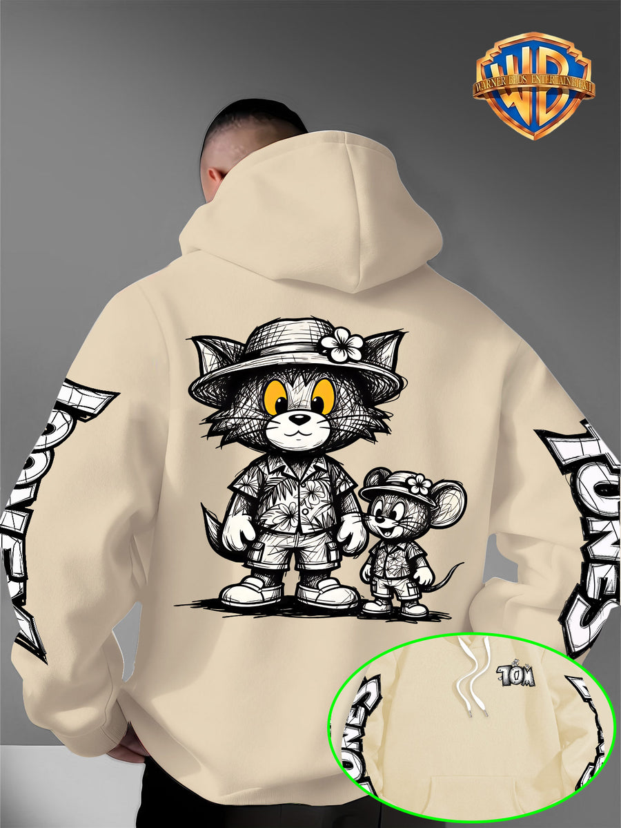 Men's Warner Bros. Vacation Hand-Drawn Sketch Print Hooded Sweatshirt, a Loose and Casual Hoodie Suitable for Animation IP Enthusiasts, Daily Commutes to School, Streetwear, and  Outfits for Couples and Best Friends - Off-white