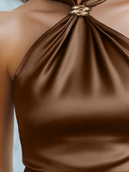 Spring Summer New Women'S Top, French Niche Design Halter Cami, Metal Buckle Decor, Satin Smooth Comfortable Luxurious Texture Top - Dark Brown
