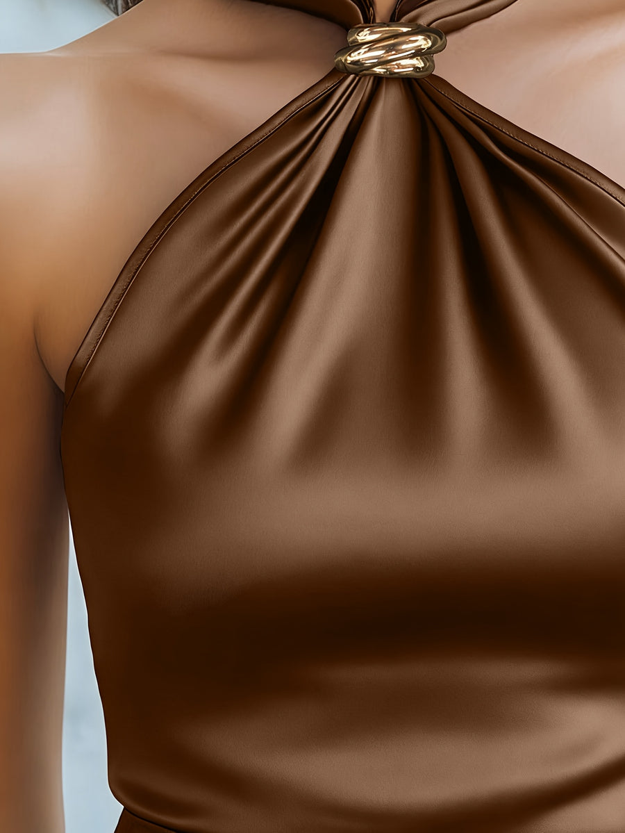 Spring Summer New Women'S Top, French Niche Design Halter Cami, Metal Buckle Decor, Satin Smooth Comfortable Luxurious Texture Top - Dark Brown
