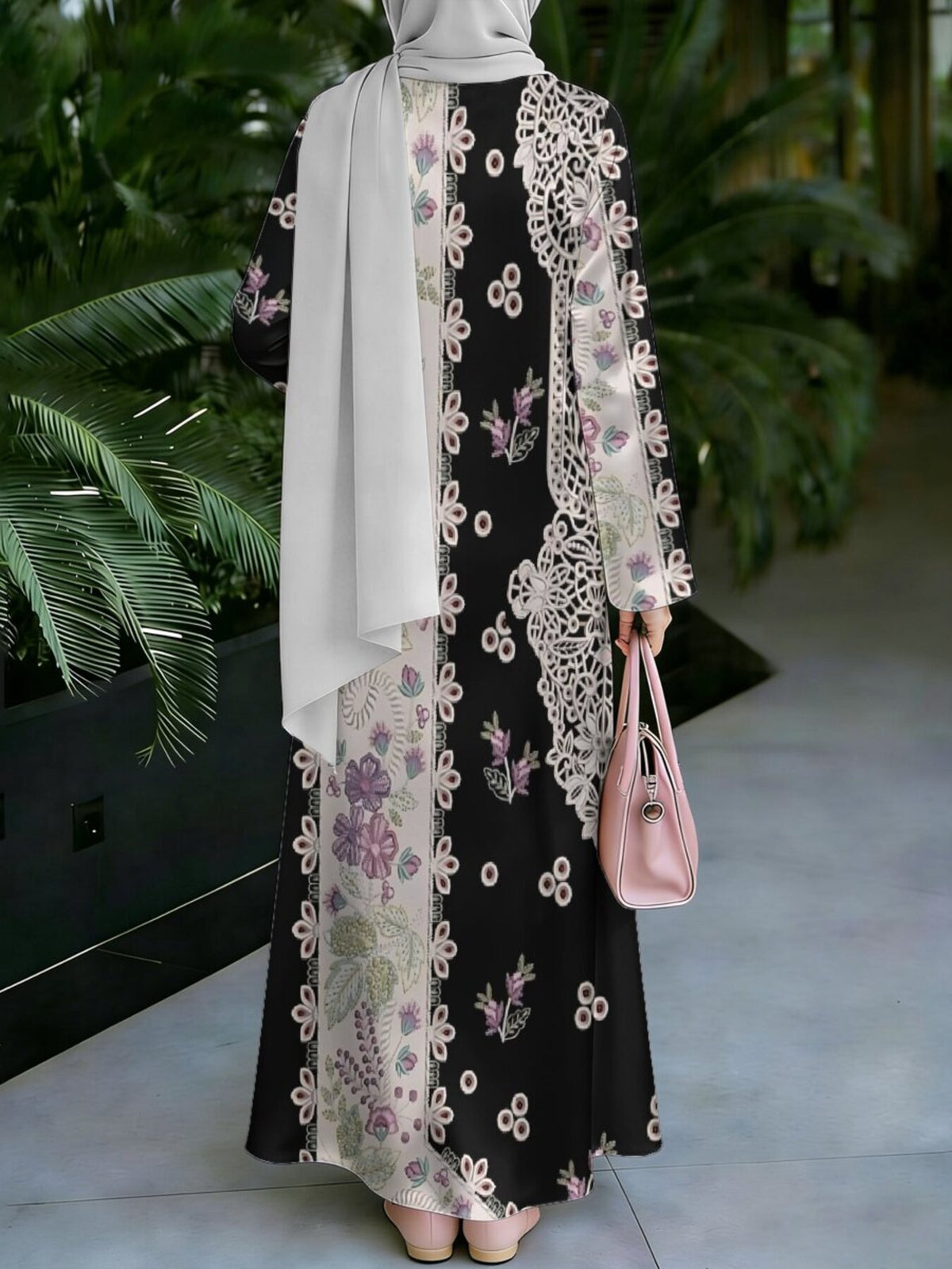 Women's Middle Eastern Style Muslim Elegant Robe, Black with Purple Floral Contrast Print Long Gown, Loose Fit Long Sleeve Flattering Cut, for Outings, Prayer, and Gatherings, Smooth Texture Non-Embroidered, Conservative Muslim Women's Clothing - Mixed colors