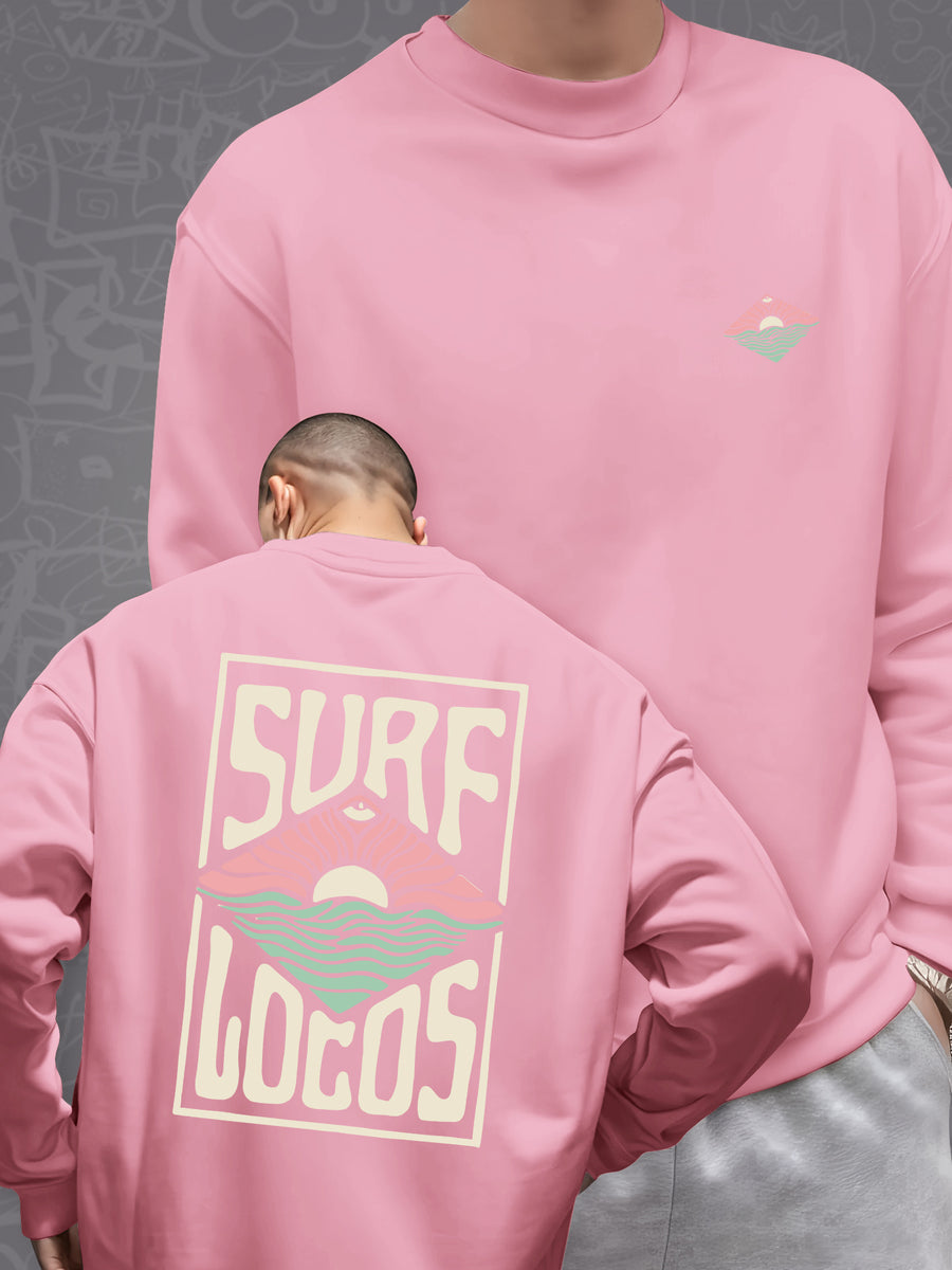 Surf SURF LOCOS Print, Men's Casual Trendy -Lined Long Sleeve Crewneck Sweatshirt, Fashion Print Sweatshirt - Pink Color