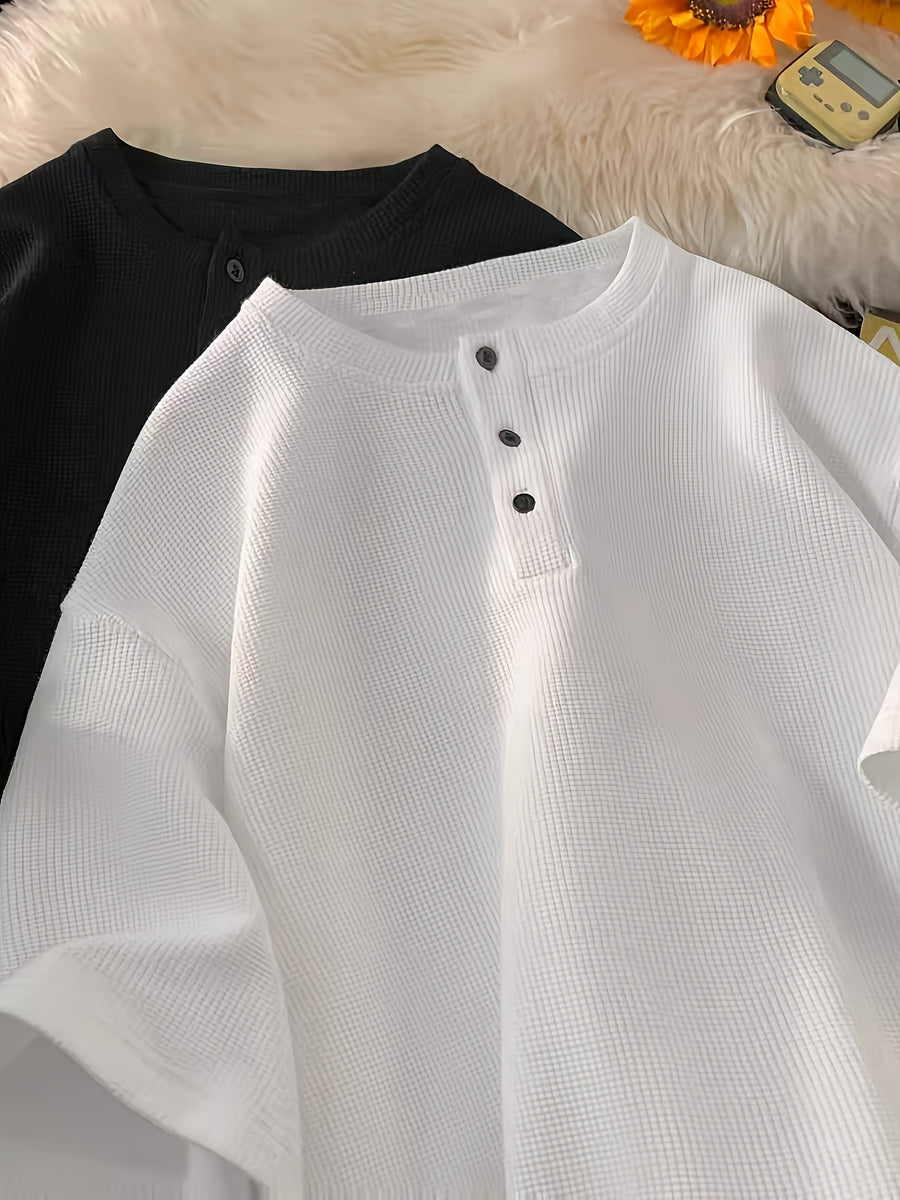2-pc Men'S Waffle-Knit Henley T-Shirts, 3-Button Crew Neck, Loose Fit Clean Fit Streetwear Summer Short Sleeve Tops - White+black
