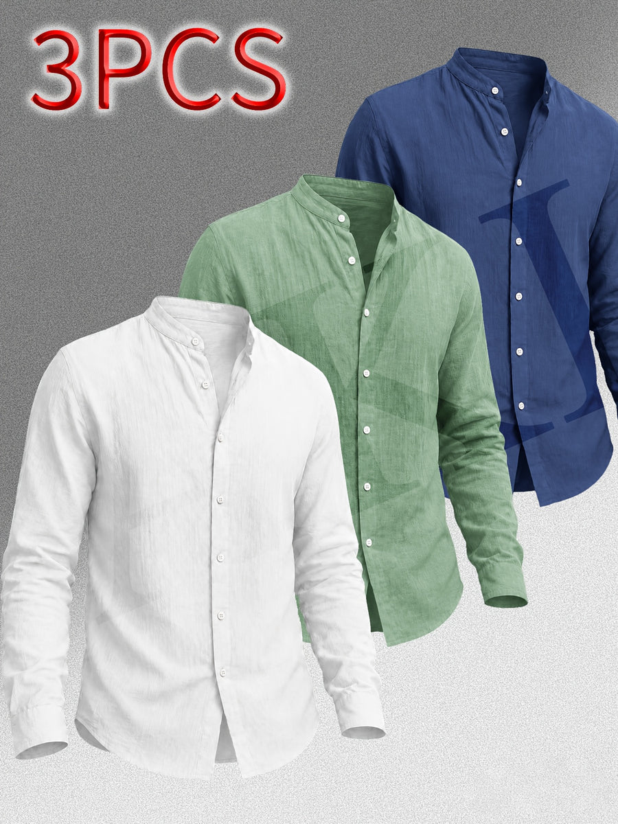 [Know And Give OBM] Men'S Clothing New Stand-Up Collar Solid Linen-Like Long Sleeve Shirt 3pcs Set, Minimalist Design, Spring Autumn Winter High-Quality Men'S Long Sleeve Button-Up Shirt - Suitable for Outdoor Leisure Vacation Formal Wear - White + Green + Navy Blue