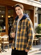 Men Fashion Hooded Fake 2pcs Shirt Jacket Plaid Contrast Hood Splicing Button Cardigan Pocket Loose Drop Shoulder Cut Vintage Trendy Long Sleeve Top for Young Men Daily Commuting Campus Outfits - Yellow Blue