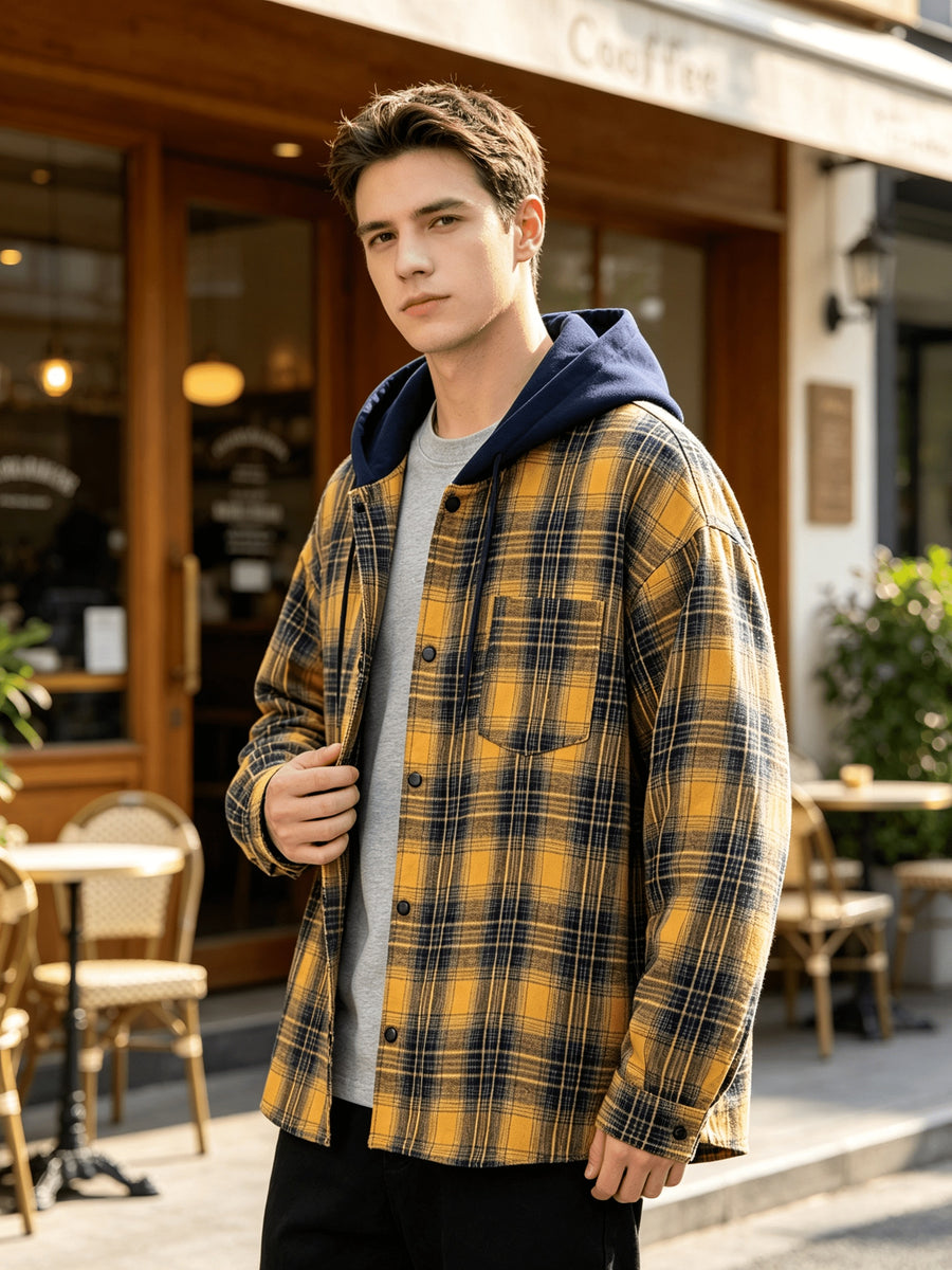 Men Fashion Hooded Fake 2pcs Shirt Jacket Plaid Contrast Hood Splicing Button Cardigan Pocket Loose Drop Shoulder Cut Vintage Trendy Long Sleeve Top for Young Men Daily Commuting Campus Outfits - Yellow Blue