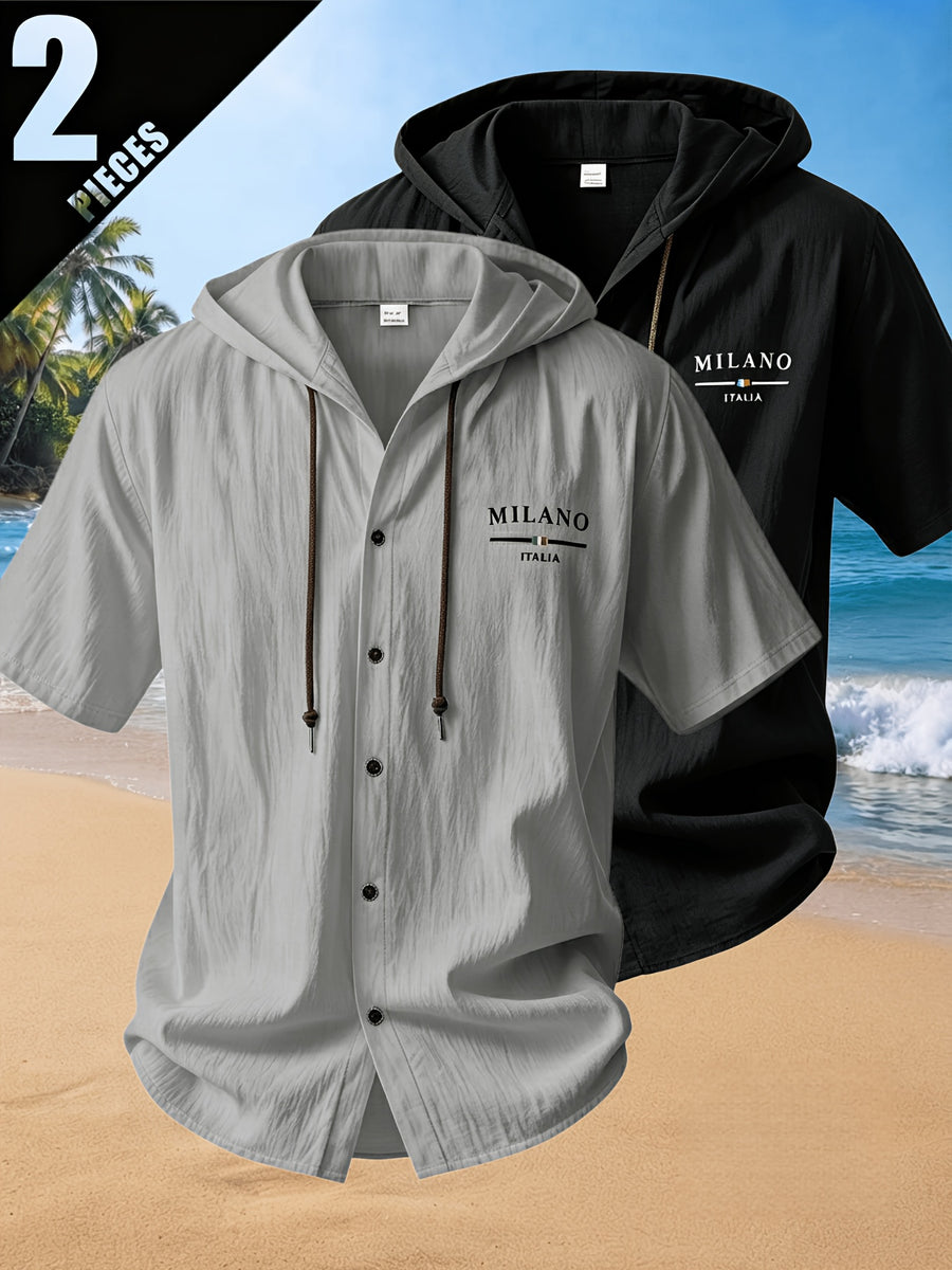 2pcs Men'S Summer Short Sleeve Shirt Set, Breathable And Skin-Friendly Linen Fabric, Trendy Hooded Style, Suitable for Beach Vacations, Beach Outings, And Casual Wear - Color Mixing 4