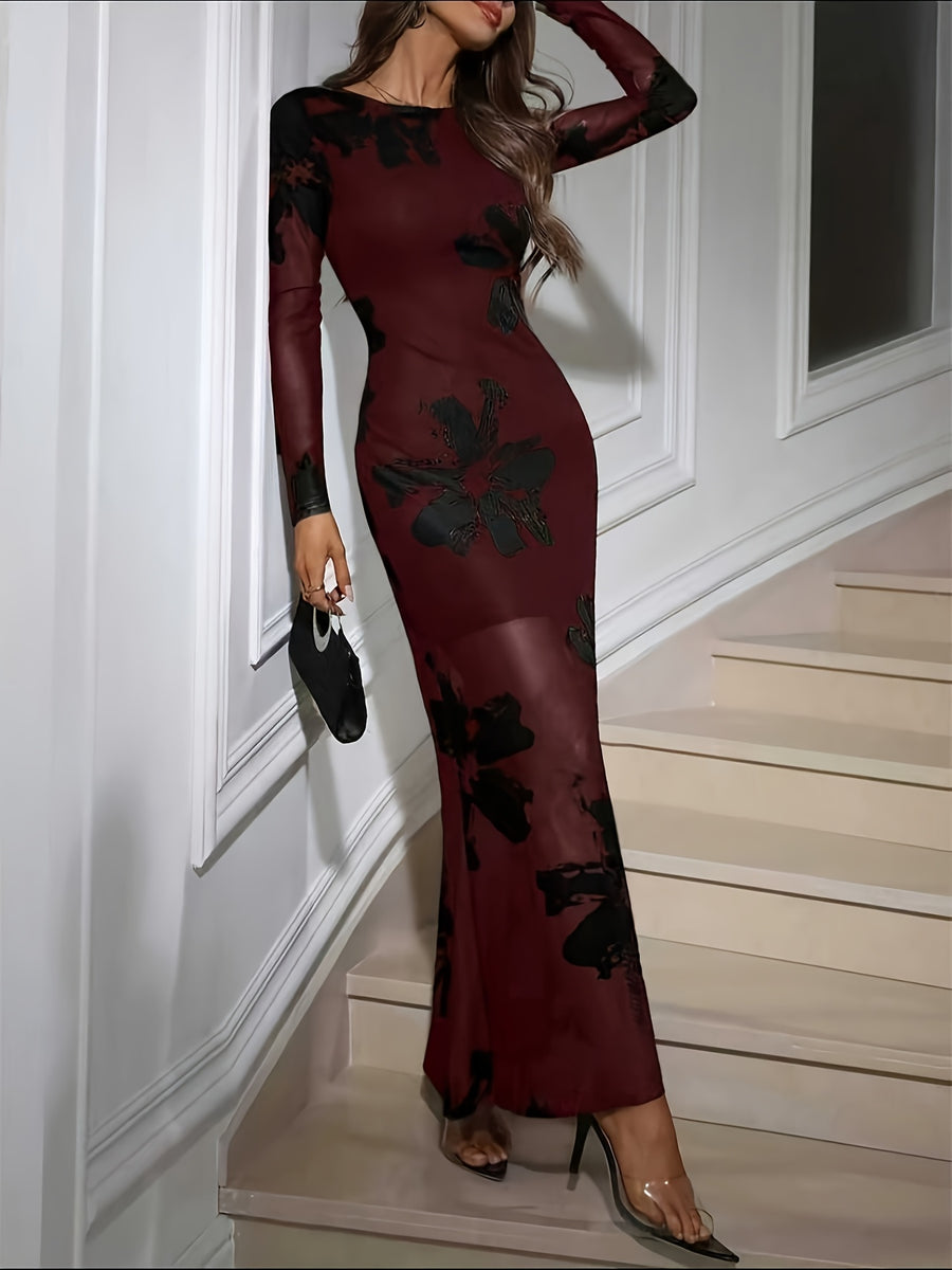 Ladies Elegant and Exquisite Digital Printed Gauze Round Neck Pullover Slim Long Black Dress - 【Red】