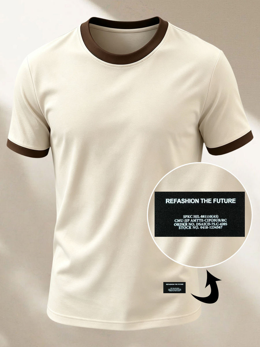 100% Cotton Men's Knitted Color-Block Crew Neck Patched T-Shirt, Summer All-Season Base Layer, Factory-Made for Men, Comfortable, High Quality, High Fit Rate, Casual Sportswear with Contrast Hem and Patch Appliqué - Apricot Coffee ZZ019