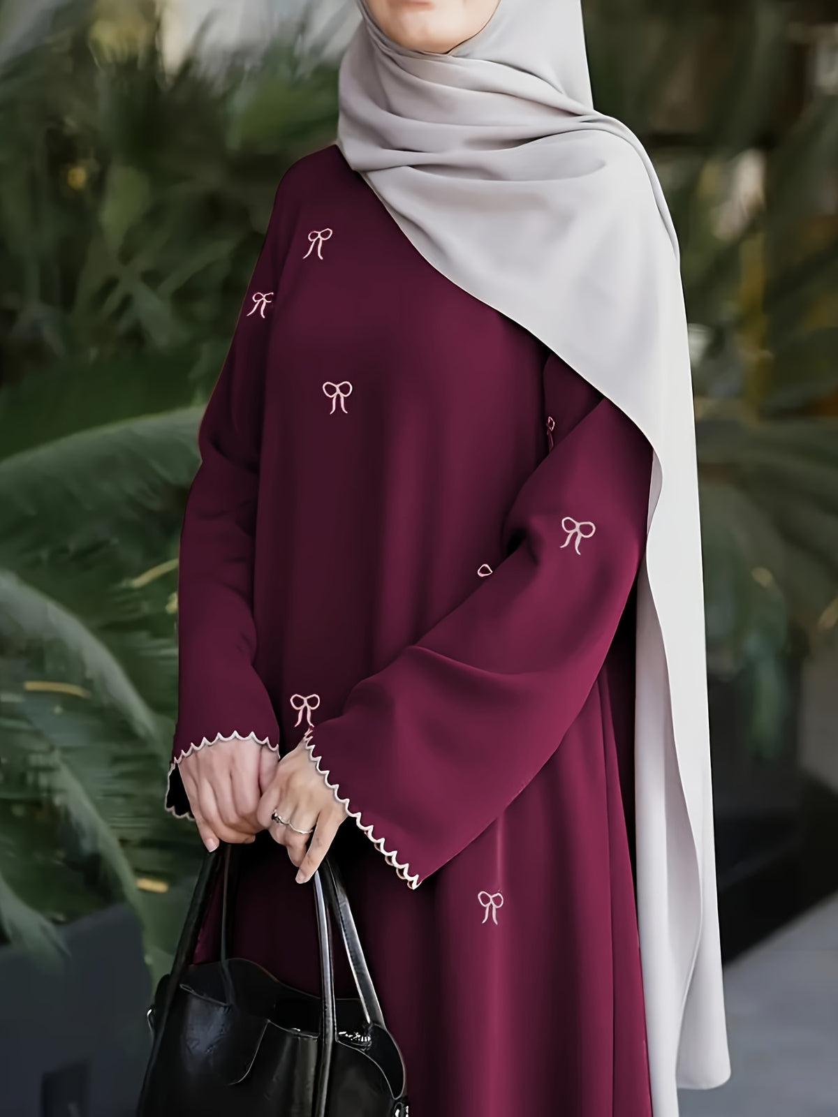 886-Middle East Dubai Bowknot Embroidery Dress - Burgundy
