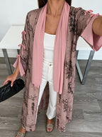 1 Set Women's Tie-Dye Print Open Front Long Kimono Cardigan, Flare Sleeve with Side Bow Detail Maxi Cover-Up, Modest Dubai Abaya Outerwear for Daily and Vacation Wear, Ink Wash Tie-Dye Print Long Open Abaya Kimono, Bell Sleeve with Side Self-Tie Bow - Pink