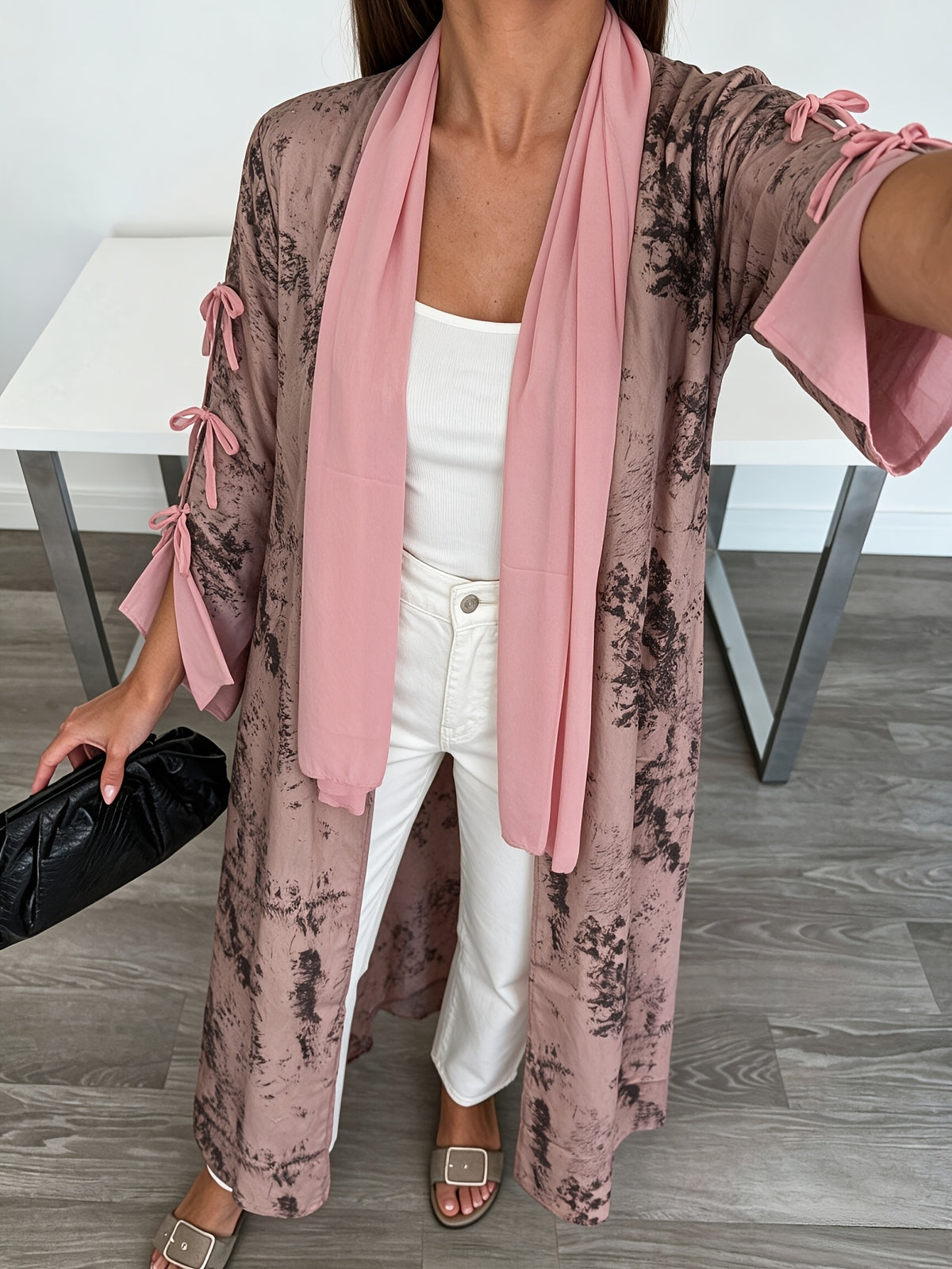 1 Set Women's Tie-Dye Print Open Front Long Kimono Cardigan, Flare Sleeve with Side Bow Detail Maxi Cover-Up, Modest Dubai Abaya Outerwear for Daily and Vacation Wear, Ink Wash Tie-Dye Print Long Open Abaya Kimono, Bell Sleeve with Side Self-Tie Bow - Pink