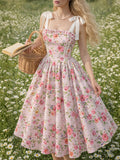 Sweet Floral Print Spaghetti Strap Tie-Up Dress, Waist-Cinching Flared Maxi Dress, Bow Strap Princess Dress, Elegant Vintage Pastoral Style - Pink