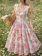 Sweet Floral Print Spaghetti Strap Tie-Up Dress, Waist-Cinching Flared Maxi Dress, Bow Strap Princess Dress, Elegant Vintage Pastoral Style - Pink
