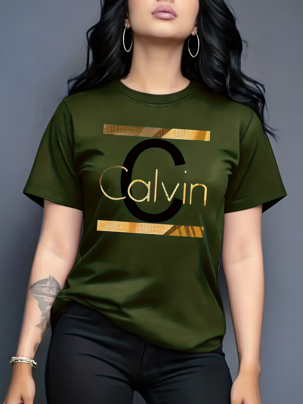 Calvin, Spring and Summer Graphic Print T-shirt, Short Sleeve Crew Neck Casual Top for Summer & Spring, Women's Clothing - fern green