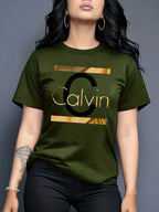 Calvin, Spring and Summer Graphic Print T-shirt, Short Sleeve Crew Neck Casual Top for Summer & Spring, Women's Clothing - fern green