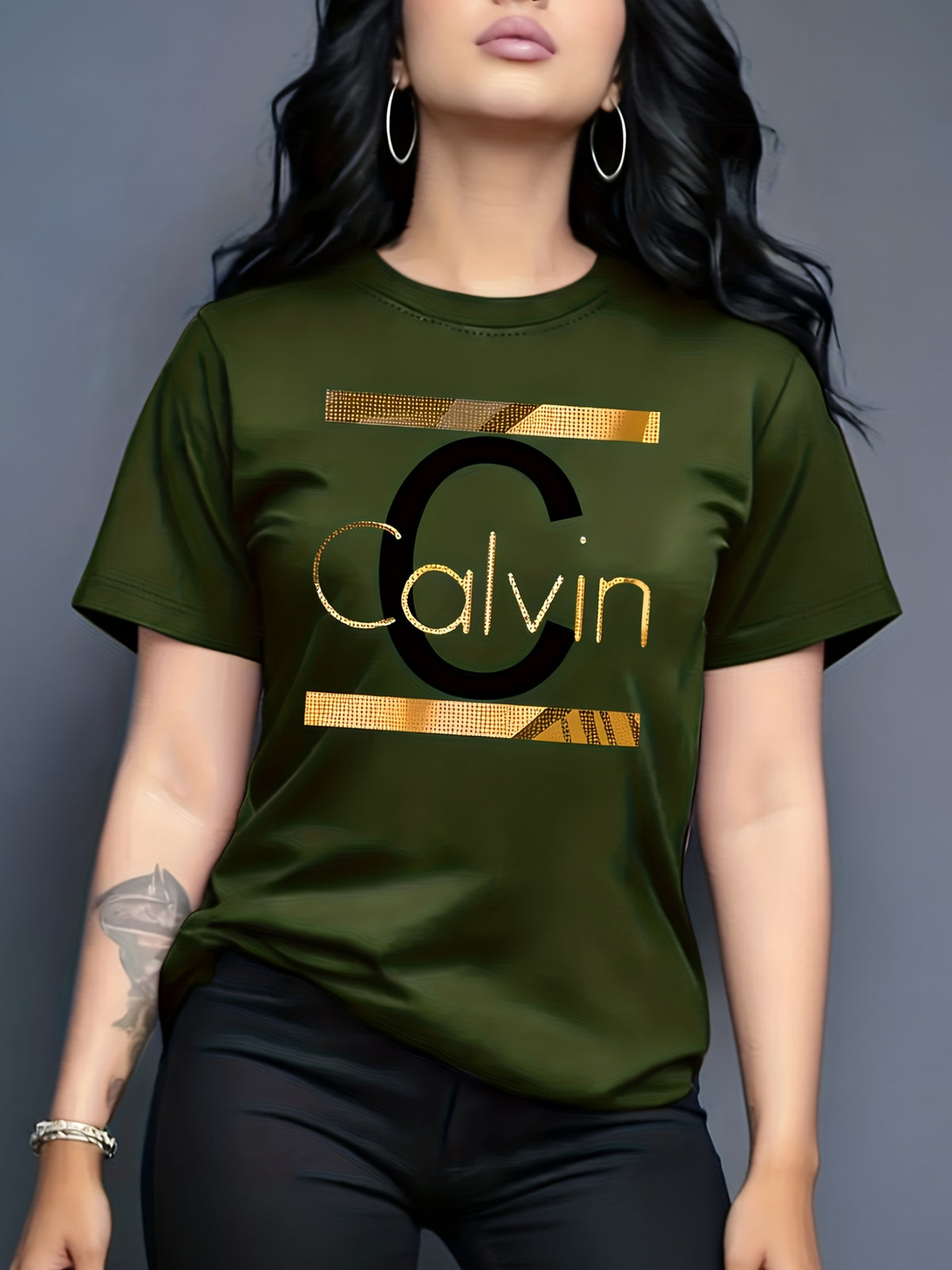 Calvin, Spring and Summer Graphic Print T-shirt, Short Sleeve Crew Neck Casual Top for Summer & Spring, Women's Clothing - fern green