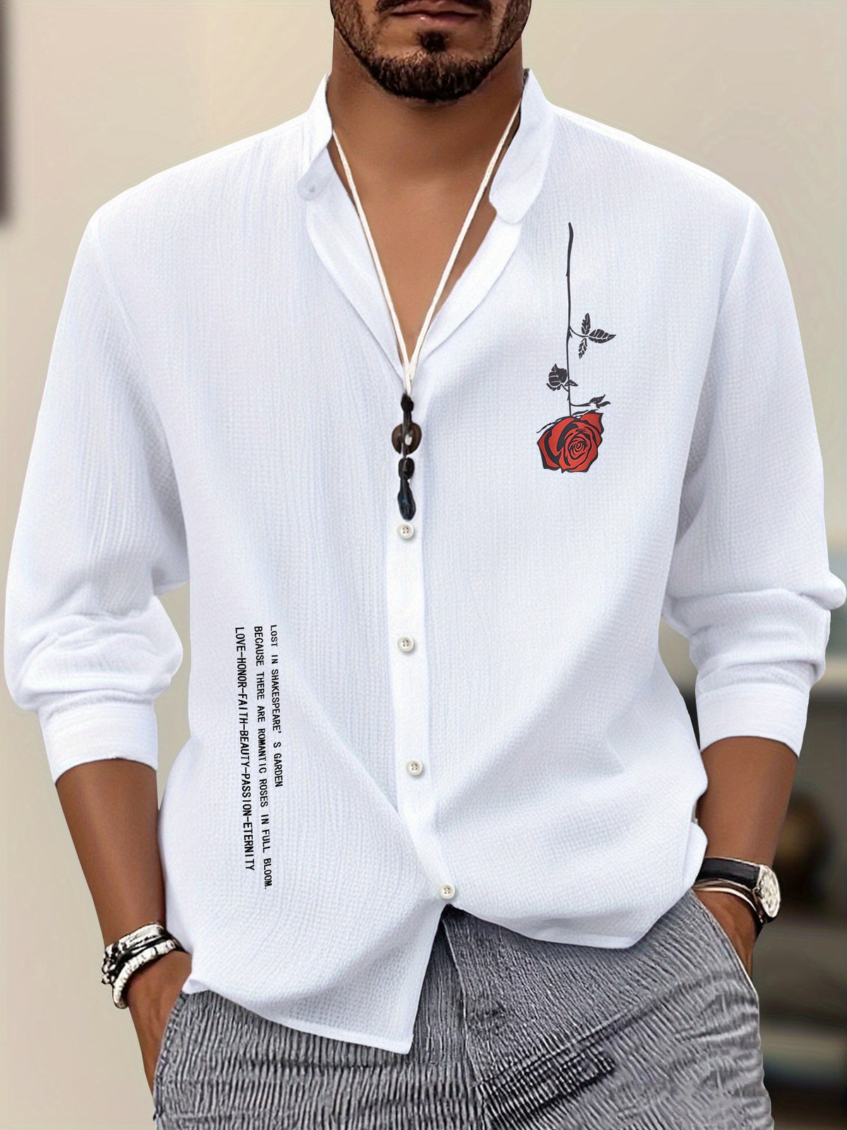 Geometric Pattern Print Men'S Business Long-Sleeved Button Stand Collar Shirt, Spring And Autumn Formal Wear, Men'S Gift - White