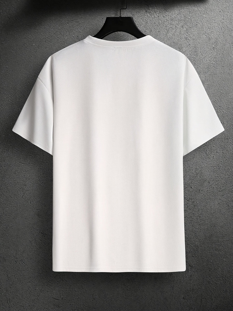 Men's Waffle-Knit Short Sleeve T-Shirt - Breathable Base Layer & Casual Round Neck Pocket Tee, Solid Color Suitable for Gym, Casual Attire, Machine Washable, Spring/Summer Layering Shirt, High-Fit Rate for Lifestyles - Navy Blue+White