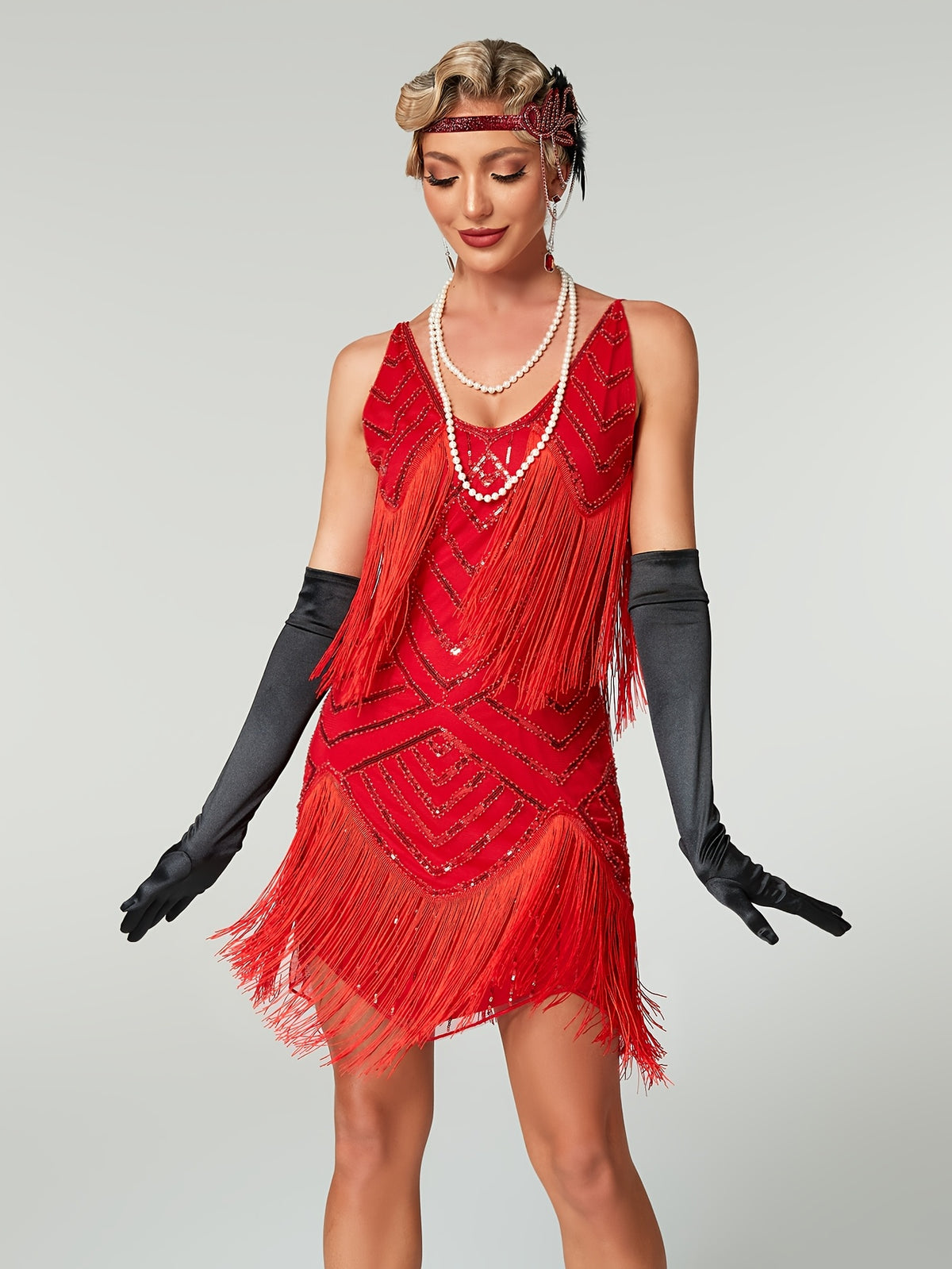 1920S Vintage Sequin Cape Gatsby Flapper Dress Tassel Evening Party Dress for Women Sequined Dress with Beads Toast Small Formal Dress - Red