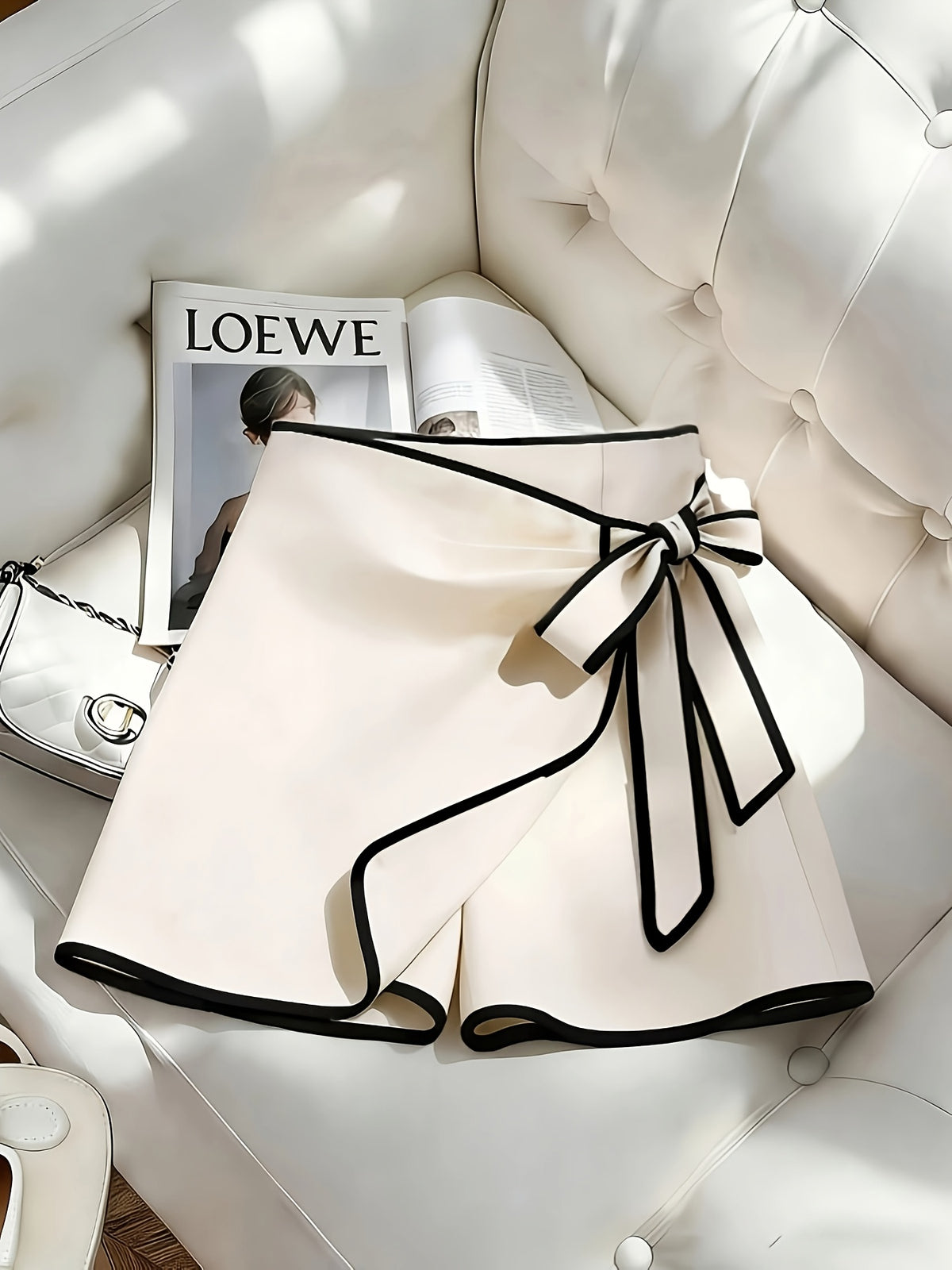 Women's Elegant Solid Color Shorts with Bow Tie Lace-Up Waist - Non-Stretch Short Pants Suitable for Spring Summer Fall, Casual Beachwear, Office Outfits, Layering Under Skirts, Machine Washable Solid Color Design - Apricot