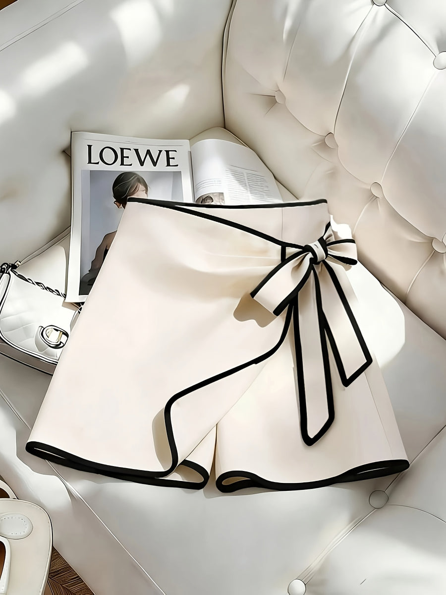 Women's Elegant Solid Color Shorts with Bow Tie Lace-Up Waist - Non-Stretch Short Pants Suitable for Spring Summer Fall, Casual Beachwear, Office Outfits, Layering Under Skirts, Machine Washable Solid Color Design - Apricot