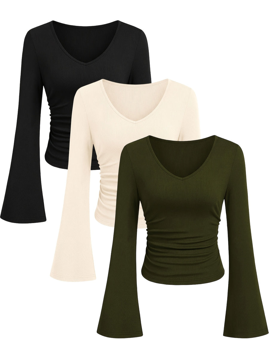 Women'S Fashion Ribbed Top Slim Flared Sleeve Ruched Basic Style Comfortable V-Neck Long Sleeve Bodycon Top - Army Green + Beige + Black