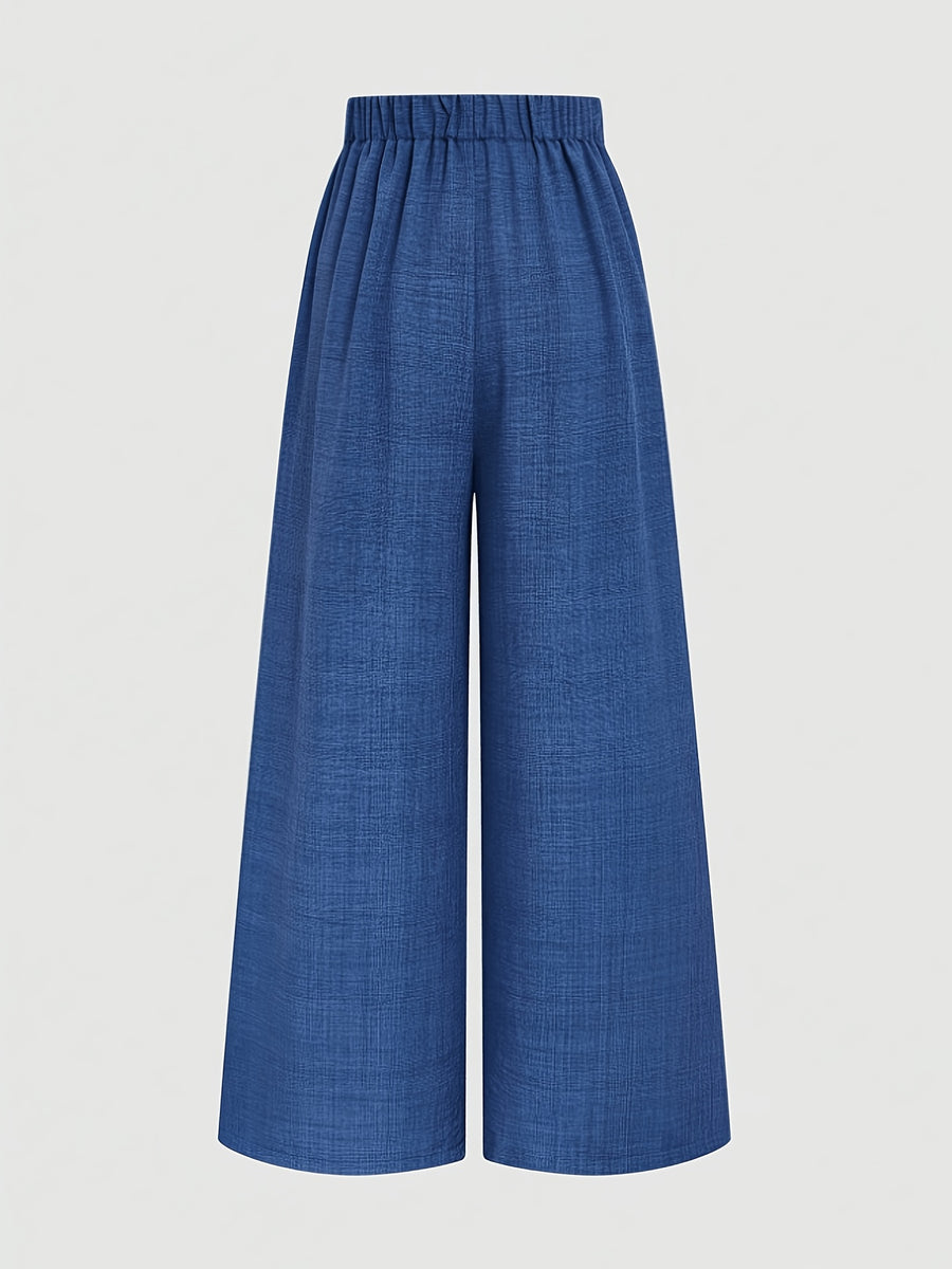 Women's Casual Elegant High-Waist Wide-Leg Pants with Pleated Design, Suitable for Work and Leisure Wear, Autumn/Winter Collection, Belt Not Included - Navy Color