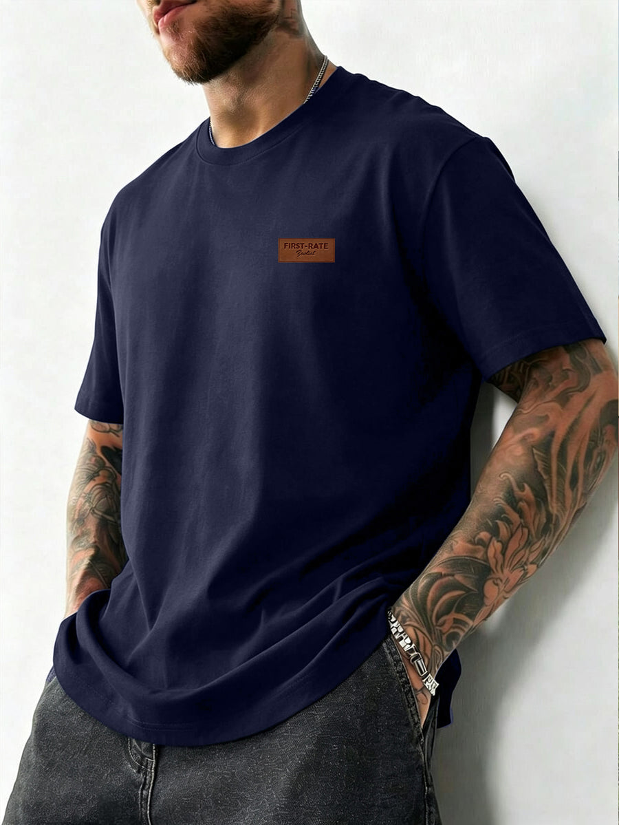Summer New Men'S Regular Fit Short Sleeve T-Shirt with Chest Brown Small Label Text Print Easy Comfortable Casual Outing Commute All-Match Round Neck Top - Navy Color