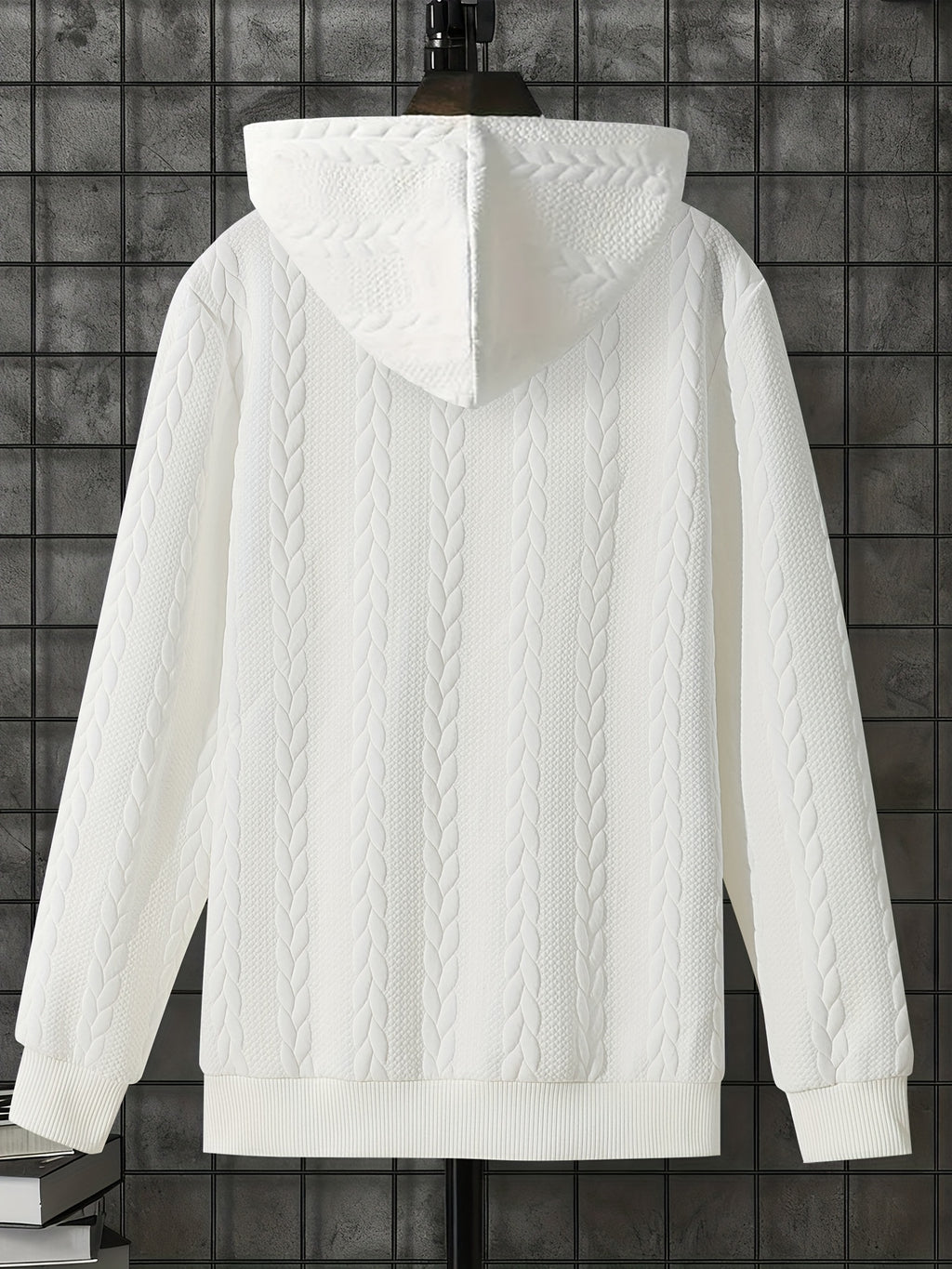 1pc Men'S Casual Knit Thick Hooded Shirt | Premium Soft Texture Skin-Friendly Fabric | Full Zipper Closure Design | Ribbed Cuff Design | Geometric Pattern Jacquard Texture | Loose Comfortable Fit | Soft Skin-Friendly Comfortable Warm | Indoor Office - White