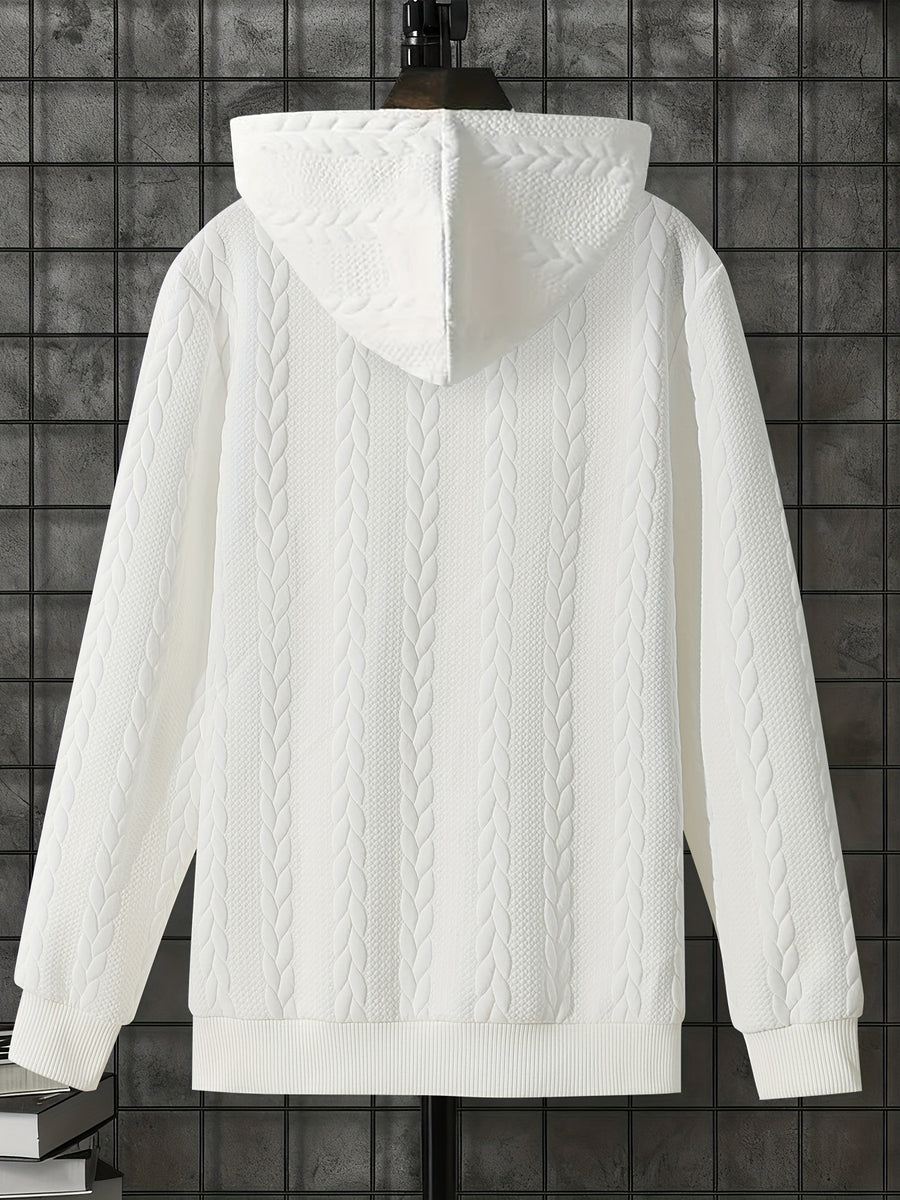 1pc Men'S Casual Knit Thick Hooded Shirt | Premium Soft Texture Skin-Friendly Fabric | Full Zipper Closure Design | Ribbed Cuff Design | Geometric Pattern Jacquard Texture | Loose Comfortable Fit | Soft Skin-Friendly Comfortable Warm | Indoor Office - White