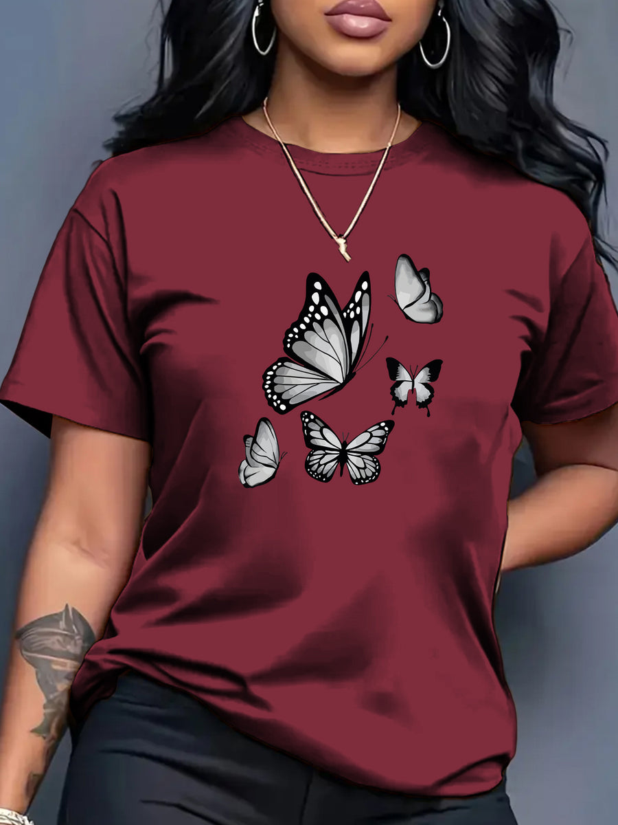 Spring And Summer Trendy Butterfly Print Women'S Casual Fashion Round Neck Short Sleeve T-Shirt, a Stylish Top for - Burgundy