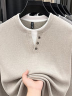 Autumn/Winter New V-Neck Button Design Color-Blocked Spliced Crew Neck Men's Sweater, Thickened Warm Versatile Casual Knitwear, Skin-Friendly and Comfortable, Durable and Breathable Pullover Men's Top BD26806 - Apricot