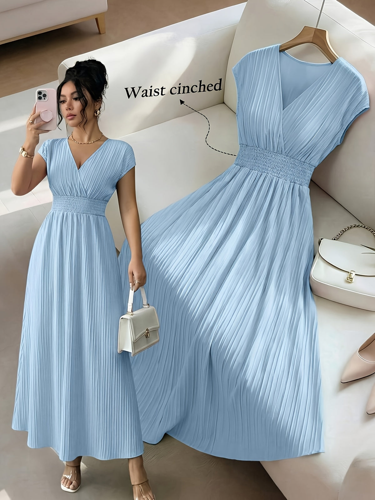 Women's V-neck Sleeveless Midi Dress, Textured Fabric, Cinched Waist Design, Elegant Vacation Style, Spring/summer Collection - Sky Blue
