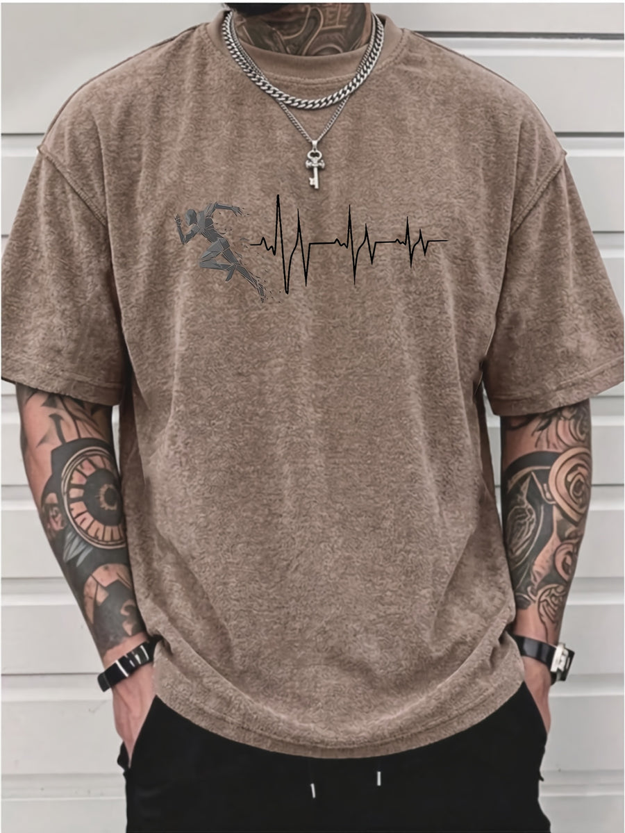 Men's Washed Short-Sleeve T-Shirt, Made of Pure Cotton Fabric That Is Breathable and Skin-friendly. The Relaxed Fit Is Comfortable and Versatile. Features a Creative Print of a Runner on the Front + EKG, Combining Athletic Passion with the Rhythm - Brown