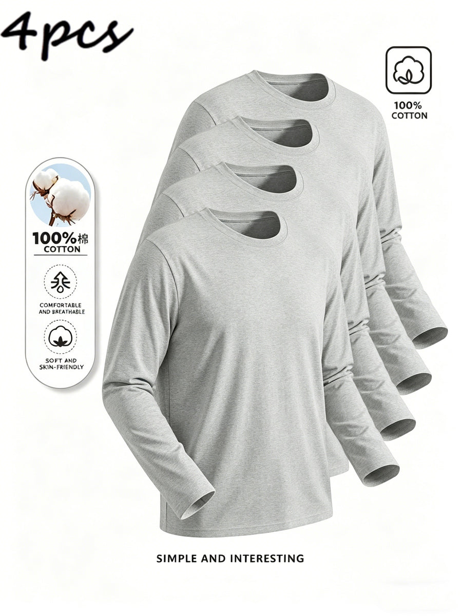 4pcs of Pure Cotton Breathable Round-neck Long-sleeve T-shirts, Soft and Well-fitting, Classic Style Suitable for Business Casual and Casual Attire, Versatile for All Seasons and Can Be Worn as an Outer Layer or as an Inner Layer - Space Gray