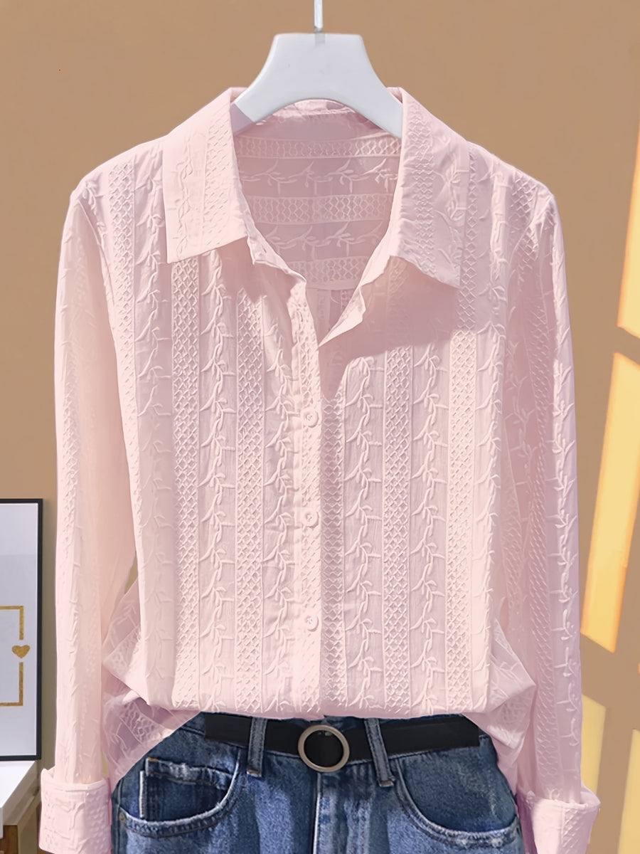 Fashionable and Versatile Polo Collar Shirt for Women, New Spring/Autumn Casual Simple Embroidered Base Layer Top - Light Pink Color