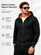 Hoodie, Men'S Fashion Color-Block Zip-Up Hoodie, Multi-Pocket Design Showcasing Individuality, Solid Casual Versatile Hoodie, Autumn/Winter Outerwear - Black