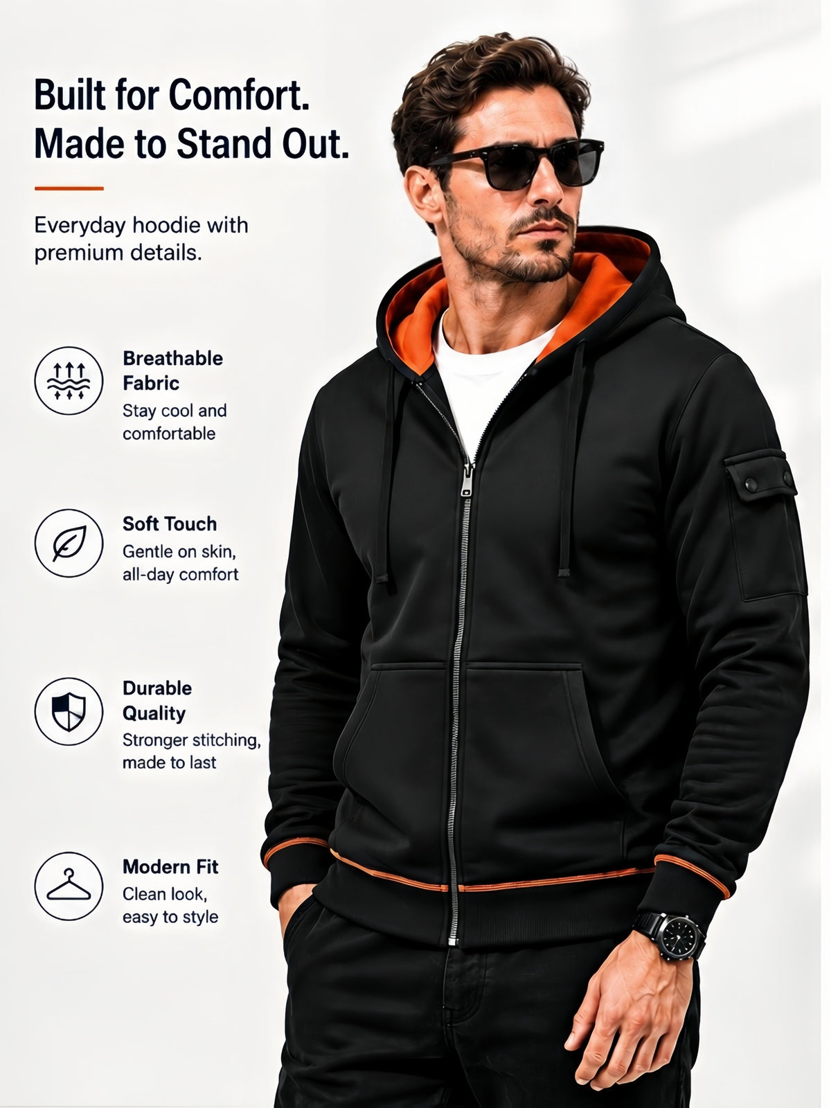 Hoodie, Men'S Fashion Color-Block Zip-Up Hoodie, Multi-Pocket Design Showcasing Individuality, Solid Casual Versatile Hoodie, Autumn/Winter Outerwear - Black