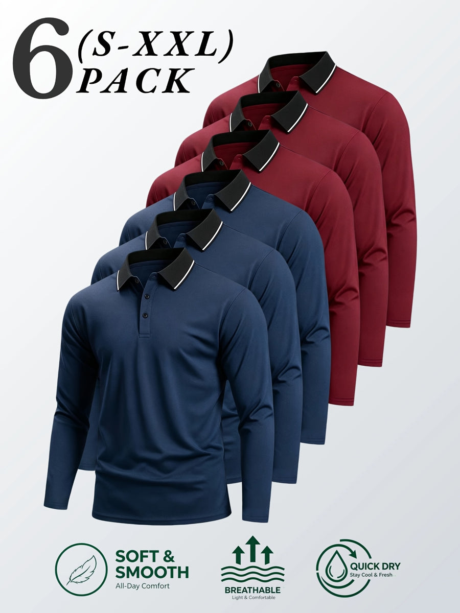 6pcs/Set Striped Lapel Long Sleeve Casual Sports Mesh Quick-Dry Breathable Comfortable POLO Shirt Basic Solid Color - Navy Blue 3 + Red 3
