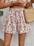 Elegant Women's Floral Print Tie-Waist Elastic Waistband Wide-Leg Shorts - Multicolor