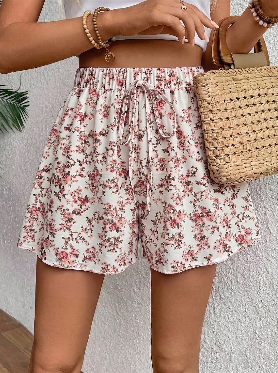 Elegant Women's Floral Print Tie-Waist Elastic Waistband Wide-Leg Shorts - Multicolor