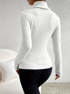 Solid Color Ribbed High-Neck Long-Sleeve Fitted T-Shirt - White
