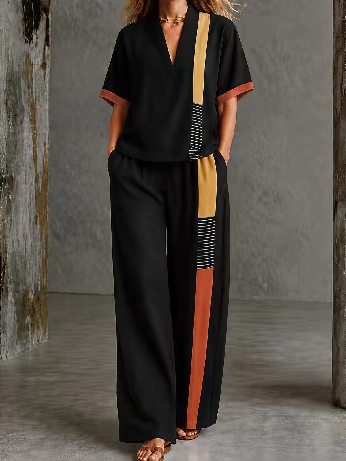 2026 Black, Yellow, and Orange Color Block Patchwork Set: Short Sleeve V-Neck Top + Wide-Leg Long Pants, Summer Vintage Casual 2pcs Set - Black